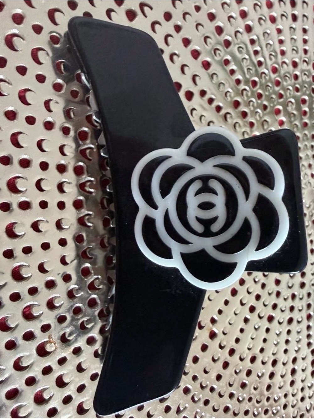 CHANEL Black Hair Clip with White Camellia Emblem